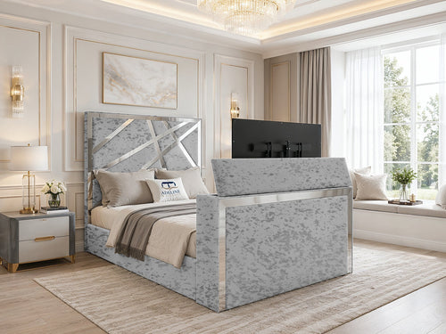 Luxe Silver Panel Storage TV Bed Set with End Lift – 48" Floor Standing Headboard