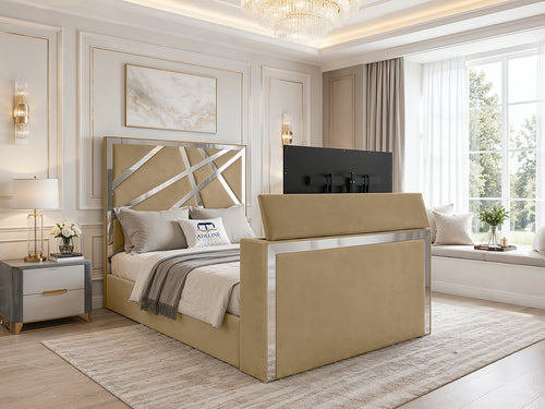 Luxe Silver Panel Storage TV Bed Set with End Lift – 48" Floor Standing Headboard