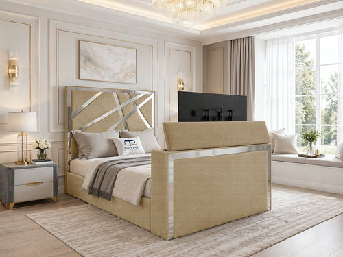 Luxe Silver Panel Storage TV Bed Set with End Lift – 48" Floor Standing Headboard