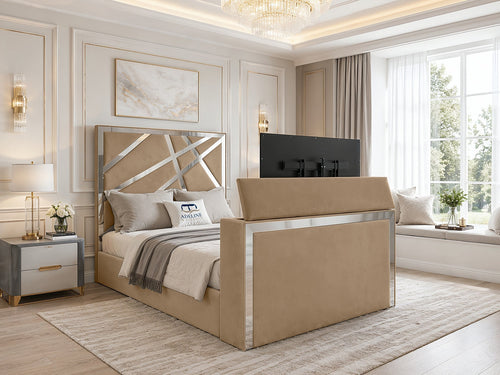 Luxe Silver Panel Storage TV Bed Set with End Lift – 54" Floor Standing Headboard