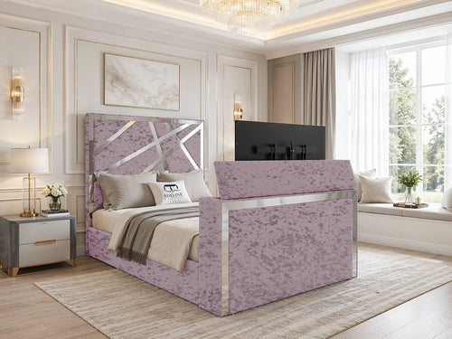 Luxe Silver Panel Storage TV Bed Set with End Lift – 54" Floor Standing Headboard