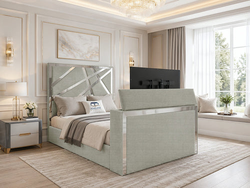 Luxe Silver Panel Storage TV Bed Set with End Lift – 60" Floor Standing Headboard