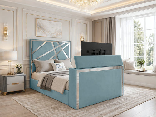 Luxe Silver Panel Storage TV Bed Set with End Lift – 60" Floor Standing Headboard