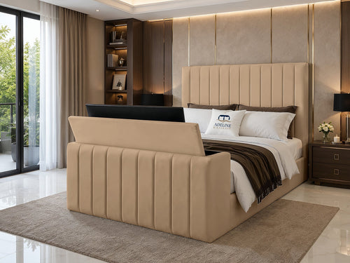 Meridian Wide Vertical Channel Storage TV Bed Set with End Lift – 48" Floor Standing Headboard