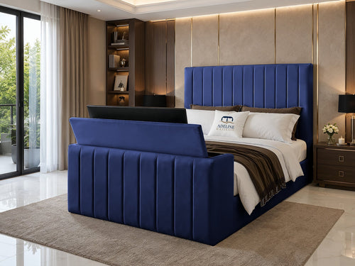 Meridian Wide Vertical Channel Storage TV Bed Set with End Lift – 48" Floor Standing Headboard