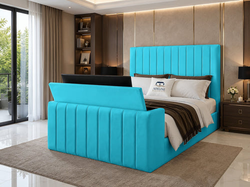 Meridian Wide Vertical Channel Storage TV Bed Set with End Lift – 48" Floor Standing Headboard
