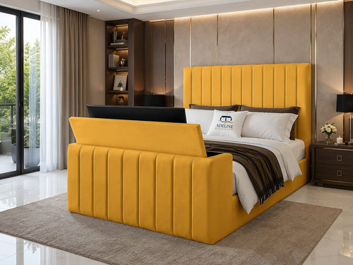 Meridian Wide Vertical Channel Storage TV Bed Set with End Lift – 48" Floor Standing Headboard