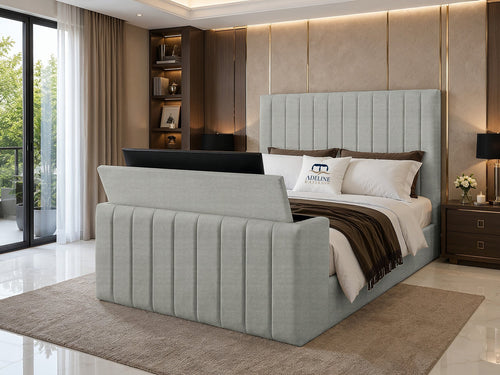 Meridian Wide Vertical Channel Storage TV Bed Set with End Lift – 48" Floor Standing Headboard