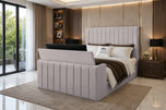 Silver Plush Velvet - Meridian Wide Vertical Channel Storage TV Bed Set with End Lift – 54" Floor Standing Headboard
