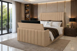 Beige Plush Velvet - Meridian Wide Vertical Channel Storage TV Bed Set with End Lift – 54" Floor Standing Headboard