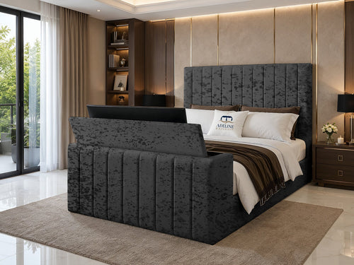 Meridian Wide Vertical Channel Storage TV Bed Set with End Lift – 54" Floor Standing Headboard