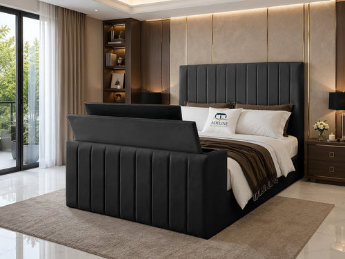Meridian Wide Vertical Channel Storage TV Bed Set with End Lift – 54" Floor Standing Headboard