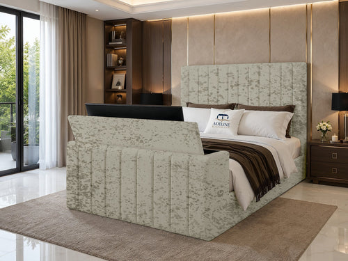 Meridian Wide Vertical Channel Storage TV Bed Set with End Lift – 54" Floor Standing Headboard