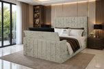 Champagne Crushed Velvet - Meridian Wide Vertical Channel Storage TV Bed Set with End Lift – 54" Floor Standing Headboard