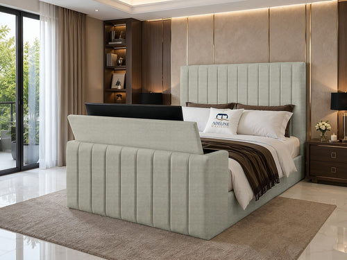 Meridian Wide Vertical Channel Storage TV Bed Set with End Lift – 54" Floor Standing Headboard