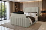 Cream Naples - Meridian Wide Vertical Channel Storage TV Bed Set with End Lift – 54" Floor Standing Headboard