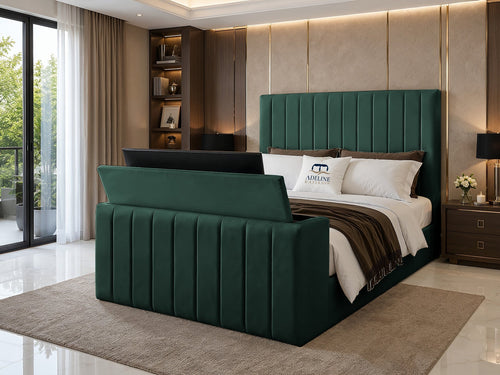 Meridian Wide Vertical Channel Storage TV Bed Set with End Lift – 54" Floor Standing Headboard