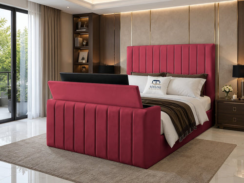 Meridian Wide Vertical Channel Storage TV Bed Set with End Lift – 54" Floor Standing Headboard
