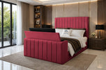 Maroon Plush Velvet - Meridian Wide Vertical Channel Storage TV Bed Set with End Lift – 54" Floor Standing Headboard