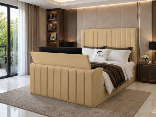 Meridian Wide Vertical Channel Storage TV Bed Set with End Lift – 54" Floor Standing Headboard