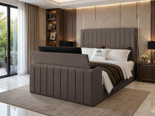 Meridian Wide Vertical Channel Storage TV Bed Set with End Lift – 54" Floor Standing Headboard