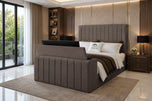 Silver Chenille - Meridian Wide Vertical Channel Storage TV Bed Set with End Lift – 54" Floor Standing Headboard