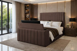 Mocha Plush Velvet - Meridian Wide Vertical Channel Storage TV Bed Set with End Lift – 54" Floor Standing Headboard