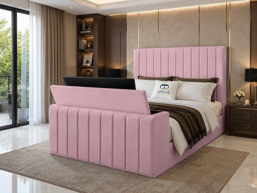Meridian Wide Vertical Channel Storage TV Bed Set with End Lift – 54" Floor Standing Headboard