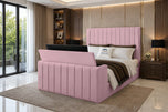 Pink Plush Velvet - Meridian Wide Vertical Channel Storage TV Bed Set with End Lift – 54" Floor Standing Headboard