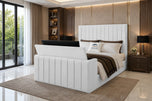 White Plush Velvet - Meridian Wide Vertical Channel Storage TV Bed Set with End Lift – 54" Floor Standing Headboard