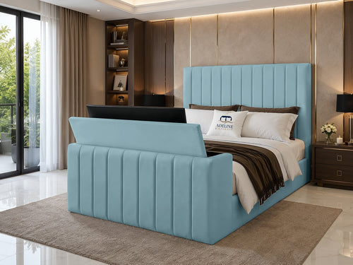 Meridian Wide Vertical Channel Storage TV Bed Set with End Lift – 54" Floor Standing Headboard