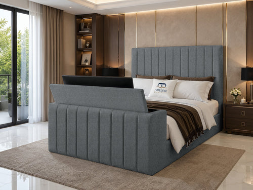 Meridian Wide Vertical Channel Storage TV Bed Set with End Lift – 54" Floor Standing Headboard