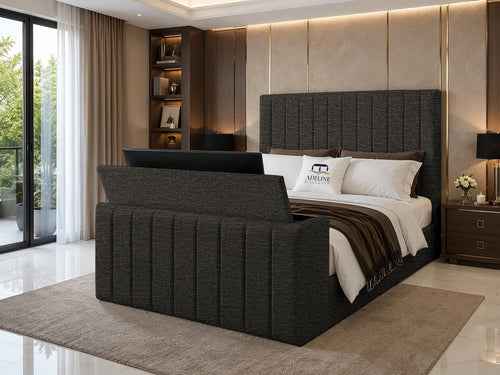 Meridian Wide Vertical Channel Storage TV Bed Set with End Lift – 60" Floor Standing Headboard