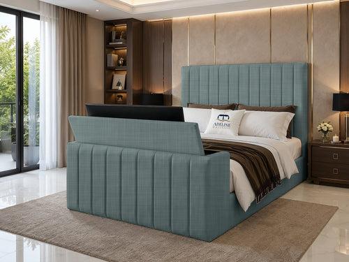 Meridian Wide Vertical Channel Storage TV Bed Set with End Lift – 60" Floor Standing Headboard