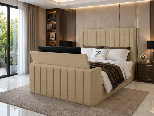 Meridian Wide Vertical Channel Storage TV Bed Set with End Lift – 60" Floor Standing Headboard