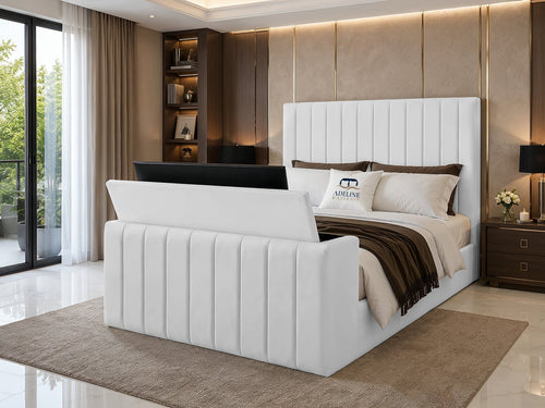 Meridian Wide Vertical Channel Storage TV Bed Set with End Lift – 60" Floor Standing Headboard