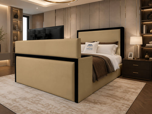 Noir Border Storage TV Bed Set with End Lift – 54" Floor Standing Headboard