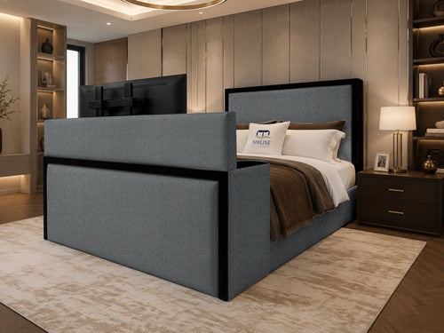 Noir Border Storage TV Bed Set with End Lift – 54" Floor Standing Headboard