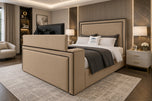 Beige Plush Velvet - Onyx Bordered Panel Storage TV Bed Set with End Lift – 48" Floor Standing Headboard
