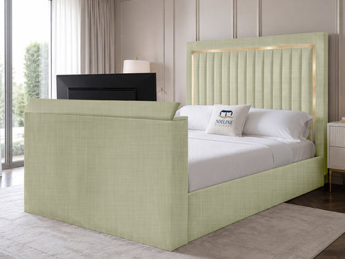 Opulent Gold Vertical Channel Storage TV Bed Set with End Lift – 48" Floor Standing Headboard