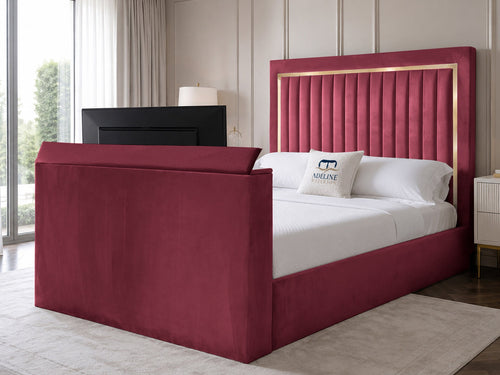 Opulent Gold Vertical Channel Storage TV Bed Set with End Lift – 48" Floor Standing Headboard