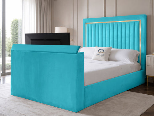 Opulent Gold Vertical Channel Storage TV Bed Set with End Lift – 48" Floor Standing Headboard