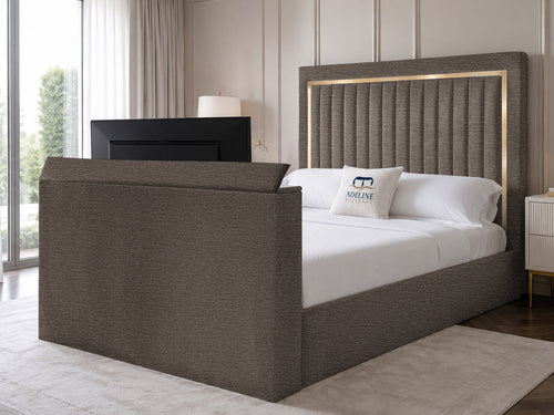 Opulent Gold Vertical Channel Storage TV Bed Set with End Lift – 48" Floor Standing Headboard