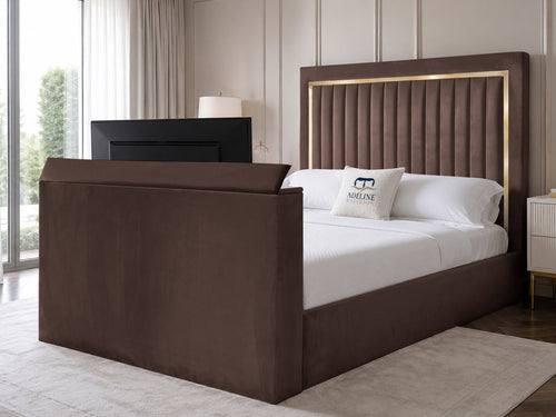 Opulent Gold Vertical Channel Storage TV Bed Set with End Lift – 48" Floor Standing Headboard