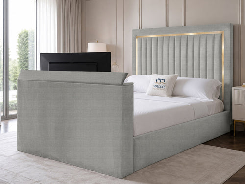 Opulent Gold Vertical Channel Storage TV Bed Set with End Lift – 48" Floor Standing Headboard