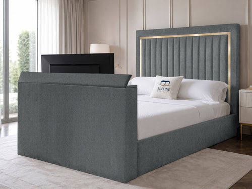 Opulent Gold Vertical Channel Storage TV Bed Set with End Lift – 48" Floor Standing Headboard