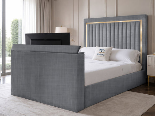 Opulent Gold Vertical Channel Storage TV Bed Set with End Lift – 54" Floor Standing Headboard