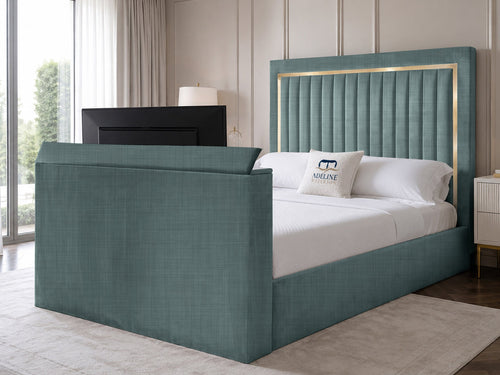 Opulent Gold Vertical Channel Storage TV Bed Set with End Lift – 54" Floor Standing Headboard