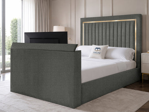 Opulent Gold Vertical Channel Storage TV Bed Set with End Lift – 54" Floor Standing Headboard