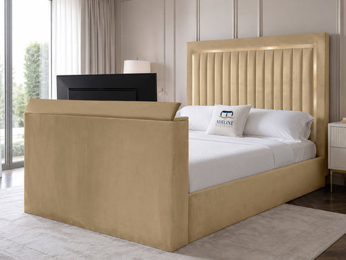 Opulent Gold Vertical Channel Storage TV Bed Set with End Lift – 54" Floor Standing Headboard